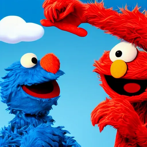 Image similar to the creation of adam but with elmo and the cookie monster instead, sesame street, in an absurdist style, heavenly, cosmic, god rays, intricate detail, 8 k,