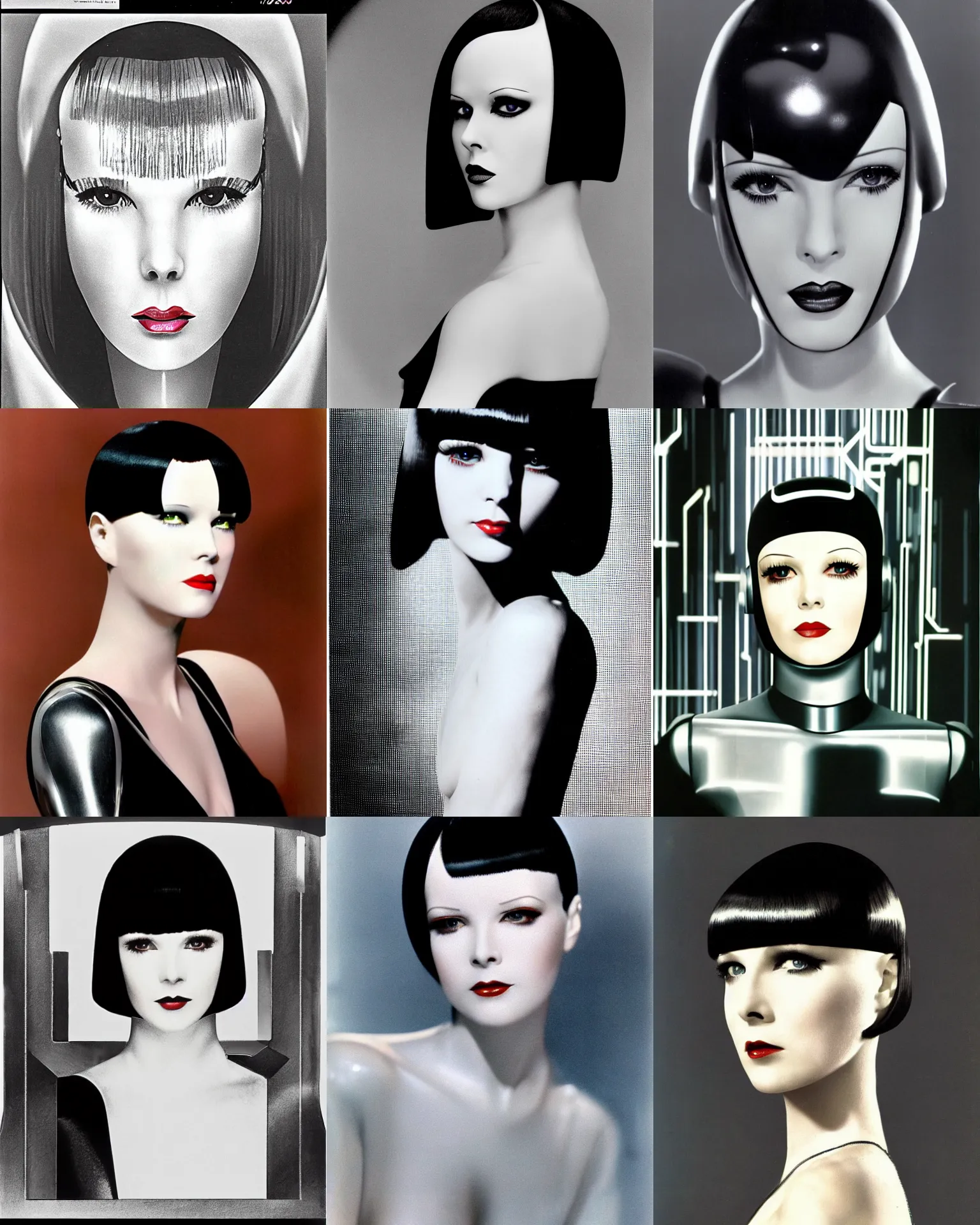 Prompt: mary louise brooks is half robot, robotic, chrome skin, 1 9 8 0 s airbrush, clean lines, futuristic, blade runner, grid lighting