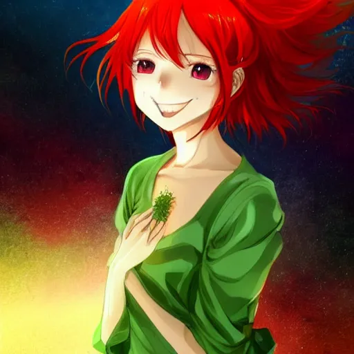 Image similar to anime infp girl with red hair and green eyes, with a bright smile, dreamy, very atmospheric, intricate, hyper detailed digital art
