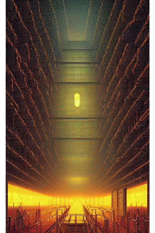 Image similar to artwork of a chinese prison by dan mumford and toshi yoshida and peter doig, symmetrical, vintage scifi, highly detailed, dramatic lightning,, 8 k