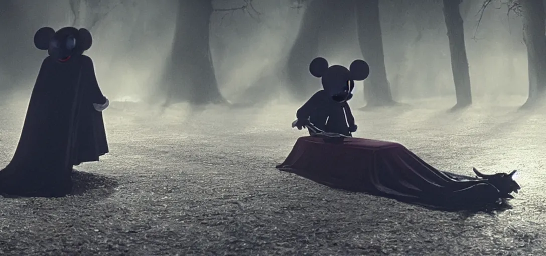 Image similar to prince of darkness as mickey mouse waking from his coffin, foggy, cinematic shot, photo still from movie by denis villeneuve, wayne barlowe