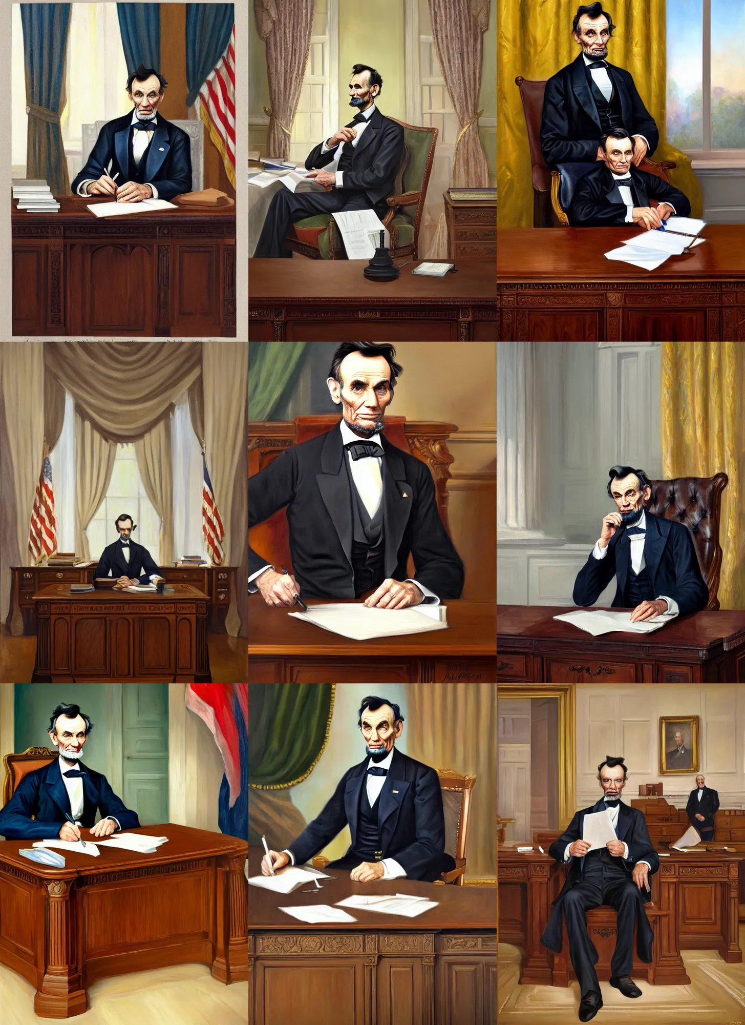 Prompt: Official Portrait of Abraham Lincoln sitting at the Resolute Desk, 33rd President of the United States, Painting by Martha Greta Kempton in 1947. Oil on canvas. White House Collection/White House Historical Association. Trending on Artstation