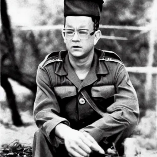 Image similar to “Tom Hanks as a soldier in Vietnam, historical photograph, award winning”