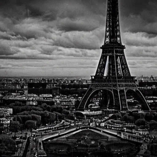 Image similar to the eiffel tower after the zombie apocalypse, dead zombies, black and white, 8k, high resolution, hyperrealistic