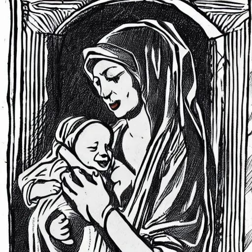 Image similar to 40s illustration of 80 year old sentimental Mediterranean skinned woman in ancient Canaanite clothing holding a newborn baby, crying, awe, love, ancient interior tent background