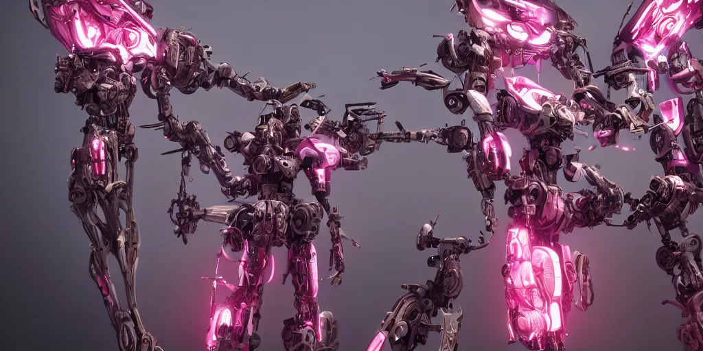 Image similar to a female saints made of mecha daffodils is flying in the fantasy forest, daniel, intricate mechanical details, futuristic, 2 k aesthetic, dramatic lighting, concept art, 4 k, 3 d octane render, pink and red colors, provenance, detailed, trending on artstation