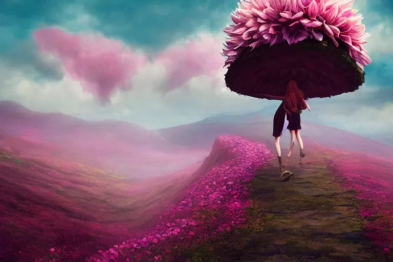 Image similar to giant dahlia flower crown as head girl walking on mountain, surreal photography, pink storm clouds, dramatic light, impressionist painting, digital painting, artstation, simon stalenhag