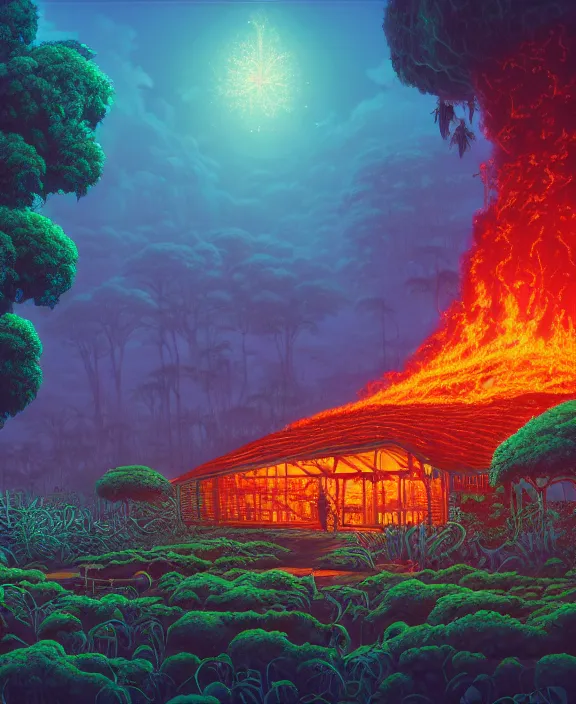 Image similar to simplicity, a schoolhouse made out of exotic fungus, overgrown with lush floral jungle, milky way, hellscape, hell, fire, brimstone, lava, biological, by dan mumford, yusuke murata, makoto shinkai, ross tran, cinematic, unreal engine, cel shaded, featured on artstation, pixiv