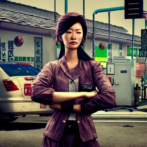 Prompt: a chinese woman at a gas station, 3 dcg, metal gear solid, morrowind, portrait, street photography, by mario testino, davide sorrenti, jemal shabazz