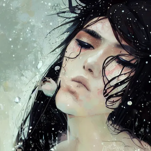 Prompt: a girl wearing a black lace dress and thigh highs sat on a hill during a rainstorm, digital art, beautiful face, expressive oil painting, by conrad roset, by yoshitaka amano, by artgerm, volumetrics, mood