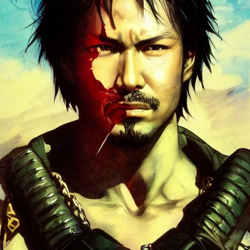 Image similar to portrait of a hero holding his sword in front of his face by yoji shinkawa, high quality, extra details, realism, ornate, colored, golden chain, blood, white skin, short hair, brown eyes, vivid, sunlight, dynamic, american man, freedom, white american soldier