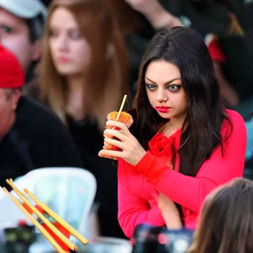 Image similar to mila kunis eating a hot dog with chopsticks, mixed with party clowns