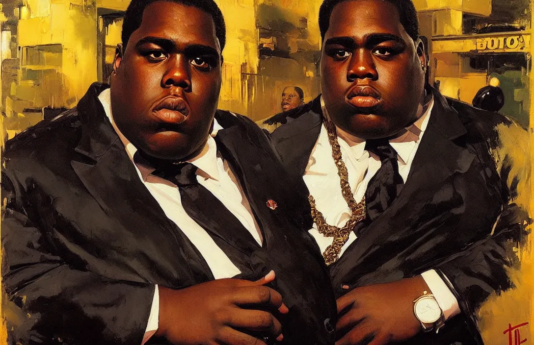 Image similar to portrait of the notorious b. i. g. as james bond!!!!!!!!!!!!!!!!!!!!!!!!!!!, detailed face, detailed painting, epic lighting, by ilya repin, phil hale and kent williams
