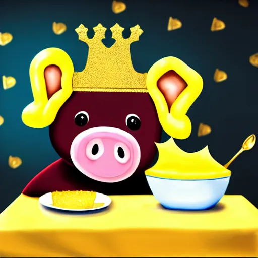 Image similar to realistic photo of a cute velvet plush pig wearing a gold crown eating cheese at a table with a bib on, high quality, cinematic concept art