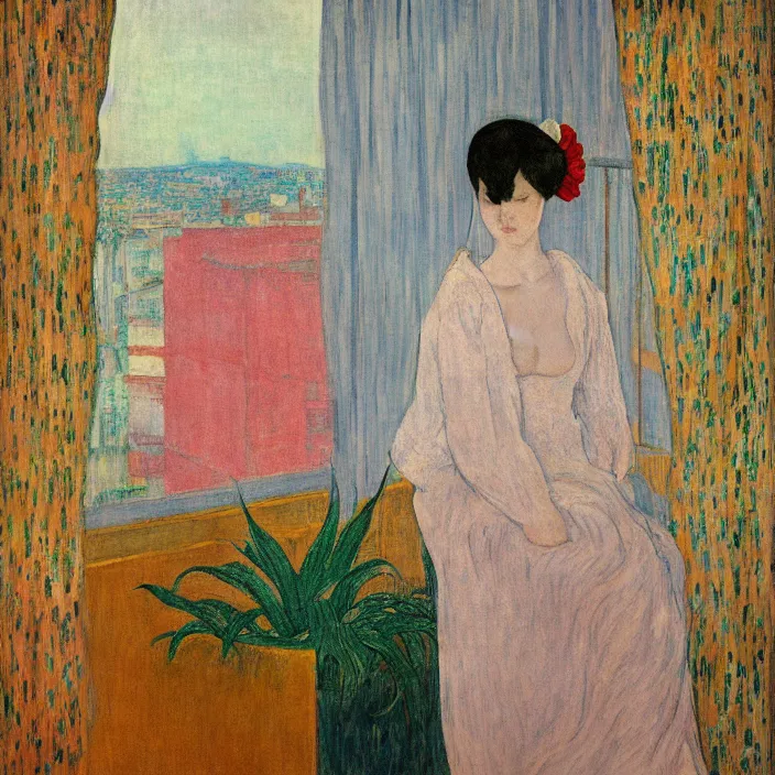 Prompt: portrait of woman in night gown, white cat and aloe house plant with brutalist city seen from a window frame with curtains. night. agnes pelton, caravaggio, bonnard, henri de toulouse - lautrec, utamaro, matisse, monet