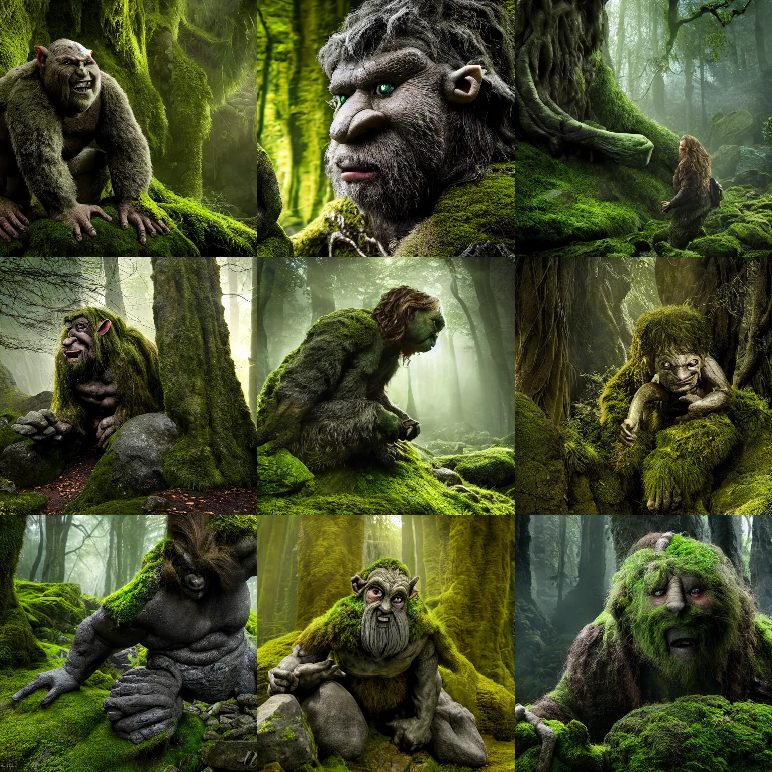 Prompt: 4 k photograph of a giant stone troll from the hobbit, dark forest background, sunlight filtering through the trees, moss and birds cover the troll.