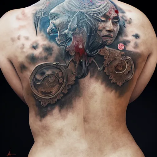 Prompt: portrait painting of a muscular bloodied dark nepali female butcher back, tattooed, scars, ultra realistic, concept art, intricate details, eerie, highly detailed, photorealistic, octane render, 8 k, unreal engine. art by artgerm and greg rutkowski and alphonse mucha