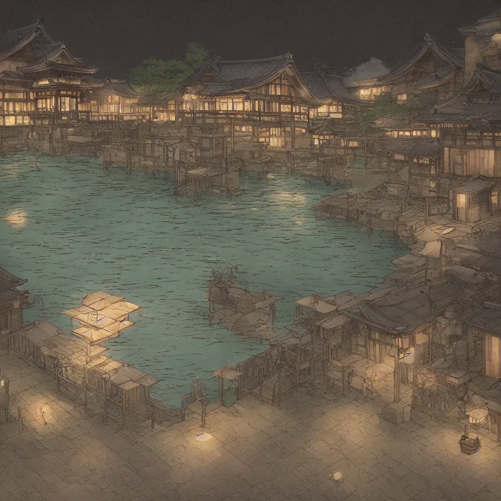 Image similar to Japanese bath house at night (Spirited Away), next to pond, highly detailed, 3D render, digital art, artstation, 8K photography, matte photo-realistic, vivid colors, perspective, by Hayao Ghibli Miyazaki!!!, breath of the wild style