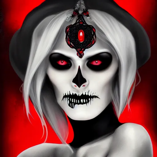 Prompt: Goth woman. holding a red and black skull with diamond shaped eyes. with the top cut off in one hand up to her face like hamlet. kodachrome, high contrast, highly detailed, sharp focus, digital painting, concept art, illustration, trending on artstation,