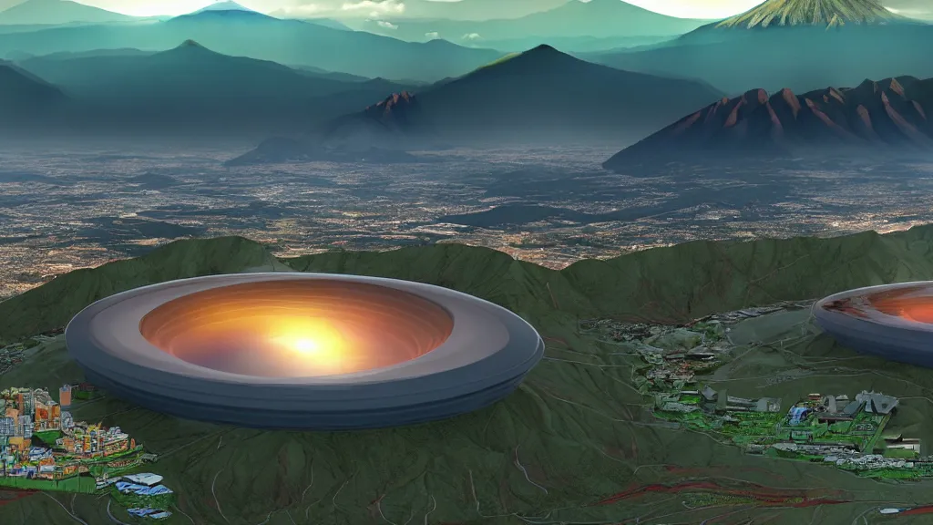 Image similar to Epic Giant Nuclear Reactor over the mountain valley of Quito, Ecuador; by Oswaldo Moncayo and Vincent Callebaut; Avatar Computer Graphics Cinema Style; 4K, 8K; ultimate landscape shot;