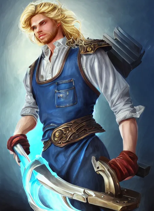 Image similar to a highly detailed illustration of long wavy bright blonde haired effeminate boy wearing blue blacksmith apron and iron mechanical arms, blue eyes, dramatic smiling pose, intricate, elegant, highly detailed, centered, digital painting, artstation, concept art, smooth, sharp focus, league of legends concept art, wlop