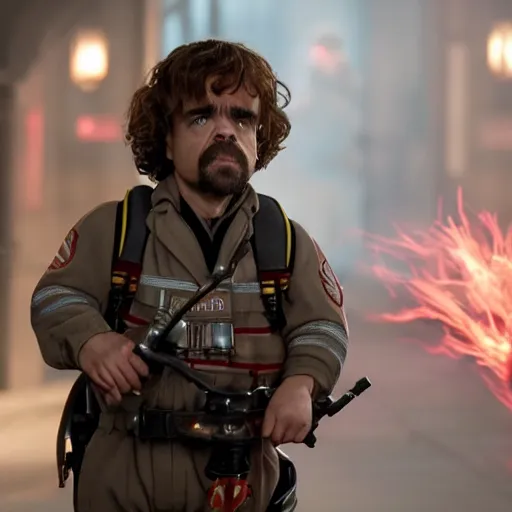 Image similar to stunning awe inspiring peter dinklage as a ghostbuster in the movie ghostbusters, movie still 8 k hdr atmospheric lighting