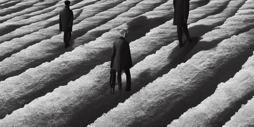 Prompt: Cinematic concept Art of a man standing in the beautiful salt planes in the style of Stanley Kubrick