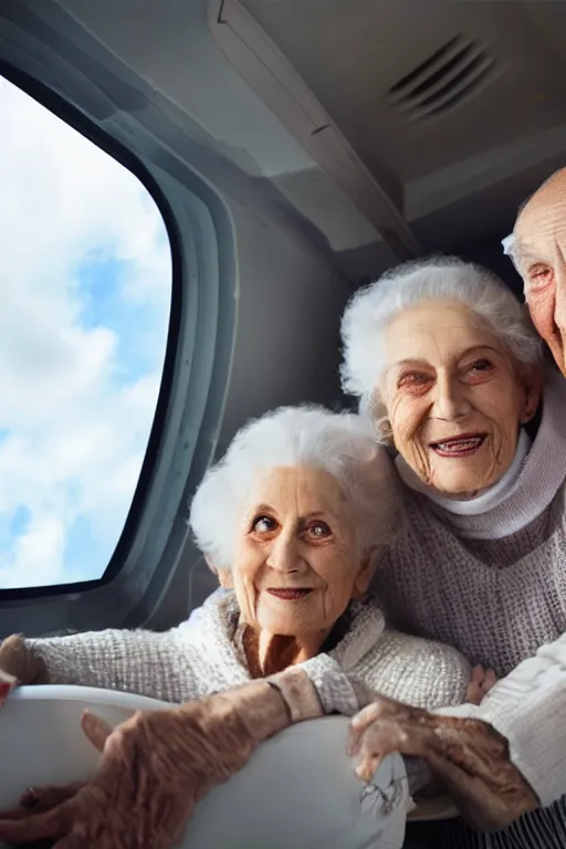 Prompt: photo of glamorous elderly couple in a spaceship with a window looking out to orbit