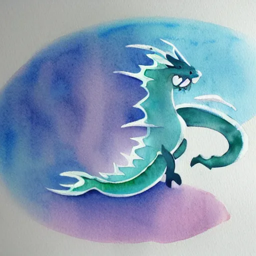 Image similar to mystical pastel dragon, minimalist watercolor on white paper, cute