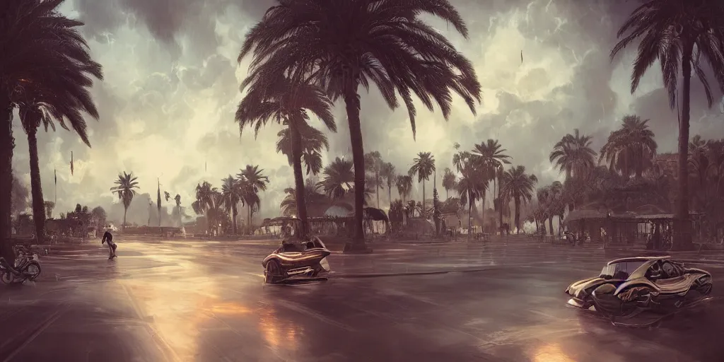 Image similar to thunderstorm in marrakech, palm trees, flying vehicles, moroccan mosque, wlop, james jean, tom bagshaw, rococo, trending on artstation, fantasy, intricate, elegant, highly detailed, digital painting, concept art, smooth, illustration, cinematic lighting, hyper realism, octane render, 8 k, hyper detailed.