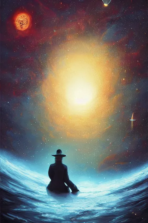 Image similar to terry pratchett looking at earth from space by anato finnstark