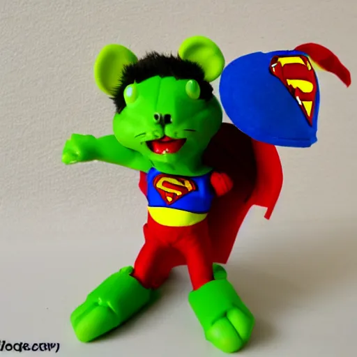 Prompt: a mouse dressed as superman and fighting a mouse dressed as the incredible hulk in clay