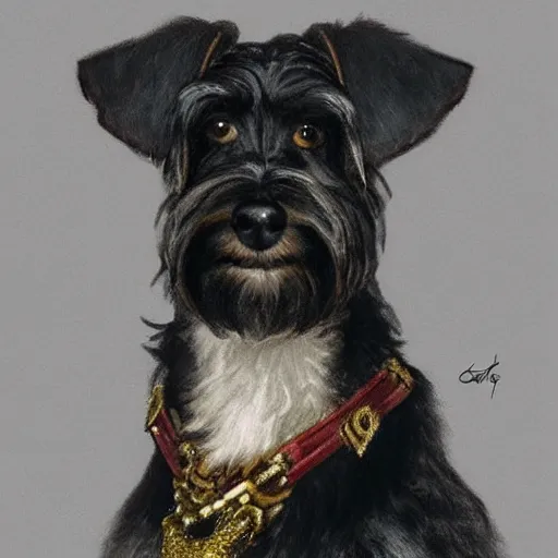 Prompt: portrait of stoic looking miniature schnauzer, military uniform, black fir, white eyebrows, fantasy, intricate, elegant, highly detailed, centered, dark, smokey, digital painting, artstation, concept art, smooth, sharp focus, illustration, art by artgerm and greg rutkowski and alphonse mucha