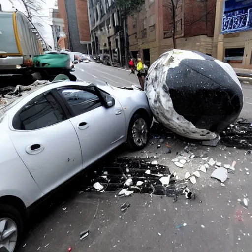 Prompt: an giant marble fall from sky and hit car , wrecked
