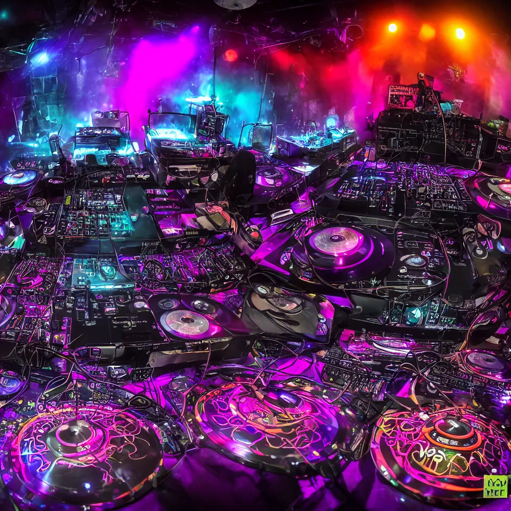 Image similar to award winning photo of an octopus! as a dj with tentacles! simultaneously placed turntables cdjs and knobs of a pioneer dj mixer. sharp, blue and fuschia colorful lighting, in front of a large crowd, studio, medium format, 8 k detail, volumetric lighting, wide angle, at an outdoor psytrance festival main stage at night