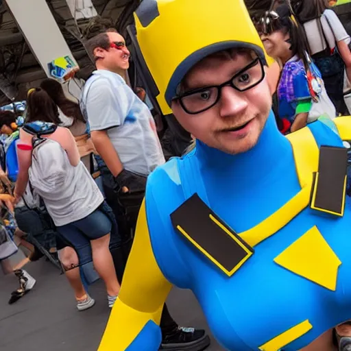 Prompt: roblox grab packs cosplayer with blue and yellow hands from comic-con 4k