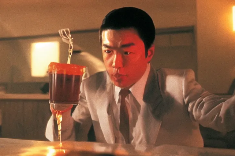 Prompt: agent 4 7 drinking a tropical cocktail, submerged in translucent goo, over the shoulder perspective, in 1 9 8 5, y 2 k cybercore, industrial low - light photography, still from a kiyoshi kurosawa movie