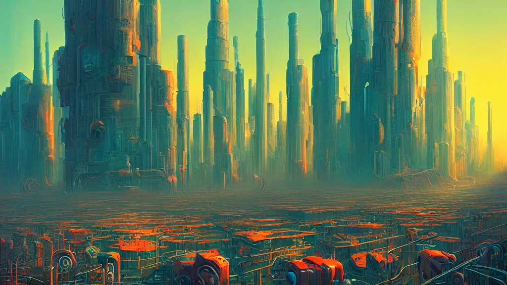 Prompt: surreal robot city at the other side of nowhere, sharp digital painting. dreaming latent space. concept art. artstation. casey weldon. digital render. dan mumford. clean retro. bruce pennington.