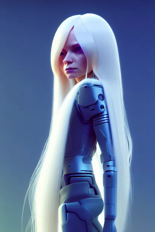 Image similar to upright and straight women, scifi, futuristic design, full body model, long white hair, character design, cinematic lighting, highly detailed, by beeple, goro fujita, smooth gradient.