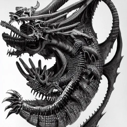 Prompt: detailed photograph of an exotic biomechanical dragon by h. r. giger