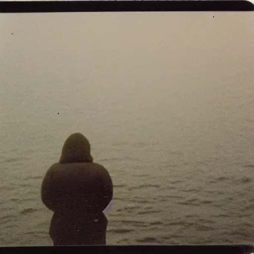 Prompt: analog polaroid of a person alone on a boat in the sea, thick fog