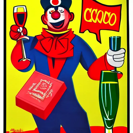 Image similar to communist clown drinking champagne, soviet propaganda, vivid colors, poster art style, detailed image, saturated colors, dominating red, detailer portrait, male face, very happy
