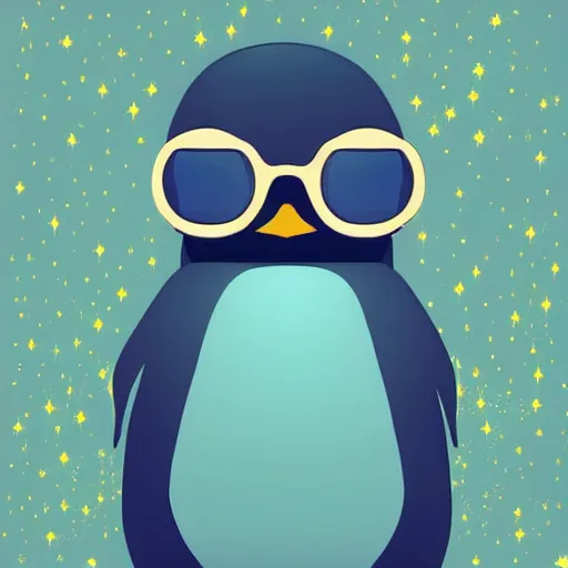 Prompt: digital art of a cute and small penguin! sitting on a chair at night, wearing sunglasses! some stars on the background, detailed, bright stars, vector art, by emiliano ponzi, by tom whalen, trending on polycount, private press, low poly, 3 d, sketchfab