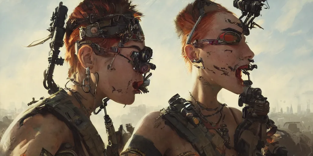 Image similar to tank girl, ultra highly detailed, fine art, action pose, wild eyes, dystopian, girl power, girl hero, anti war theme, in the style of greg rutkowski, 4 k