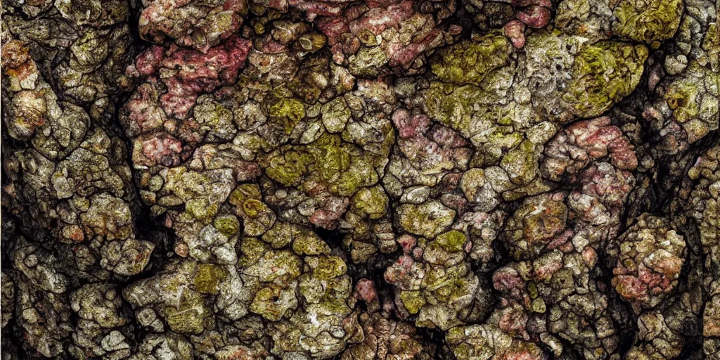 Prompt: details of lichens growing on flesh and skin, rock texture details, painitng, wrinkles and muscle tissues, meat, wound, oil on canvas, 4k, 8K, photorealistic, soft light, cinematic lighting, sharp, contrasting, non descriptive, bottom light