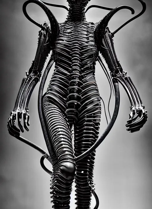 Image similar to walking down the catwalk, steven klein, show, stage, vogue photo, podium, fashion show photo, iris van herpen, beautiful woman, full body shot, masterpiece, inflateble shapes, alien, giger, plant predator, guyver, jellyfish, wires, veins, white biomechanical details, wearing epic bionic cyborg implants, highly detailed