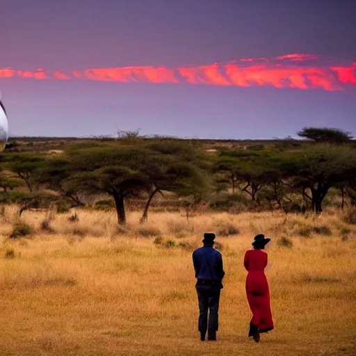 Image similar to a couple of a man and a woman dressed in goyesques looking back at the african savannah at sunset. in the background on the left the ship enterprise approaches. national geographic photography style.