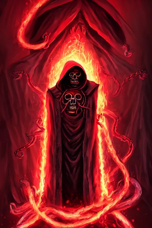 Image similar to A full body portrait of a mysterious character with a flaming skull with a very long hooded blood red and black cloak, tentacles coming out the ground art by Jason Chan and Shaddy Safadi, ominous, cosmic horror, trending on artstation, Ultra detailed, hyper realistic 4k