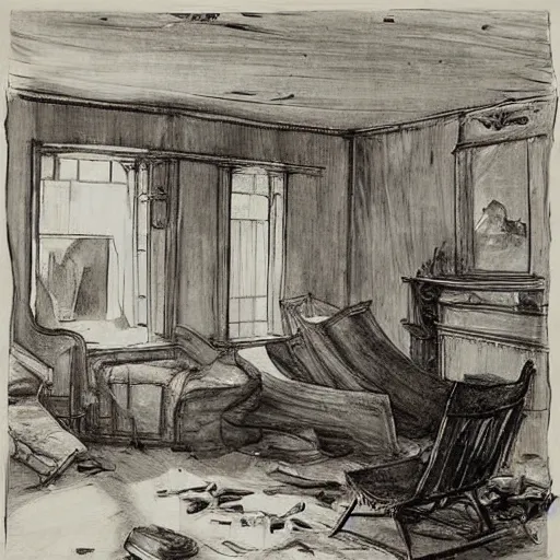 Image similar to dignified, decorative by anders zorn ink drawing, illuminated manuscript. a painting of a room that is wrecked, furniture overturned, belongings strewn about, & debris everywhere. the only thing left intact is a photograph on the wall shows a tidy, well - appointed space, with everything in its place.