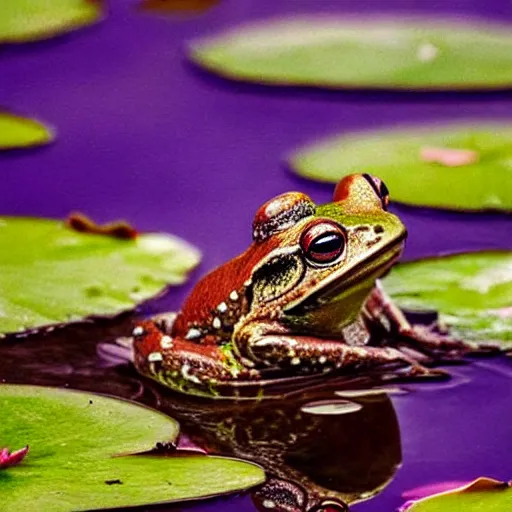 Image similar to fantasy art, close - up of a frog in a small crown!!! in the pond with water lilies, shallow depth of field, highly detailed, autumn, rain, masterpiece, matte painting, sharp focus, matte painting, by isaac levitan, by monet, asher brown durand,